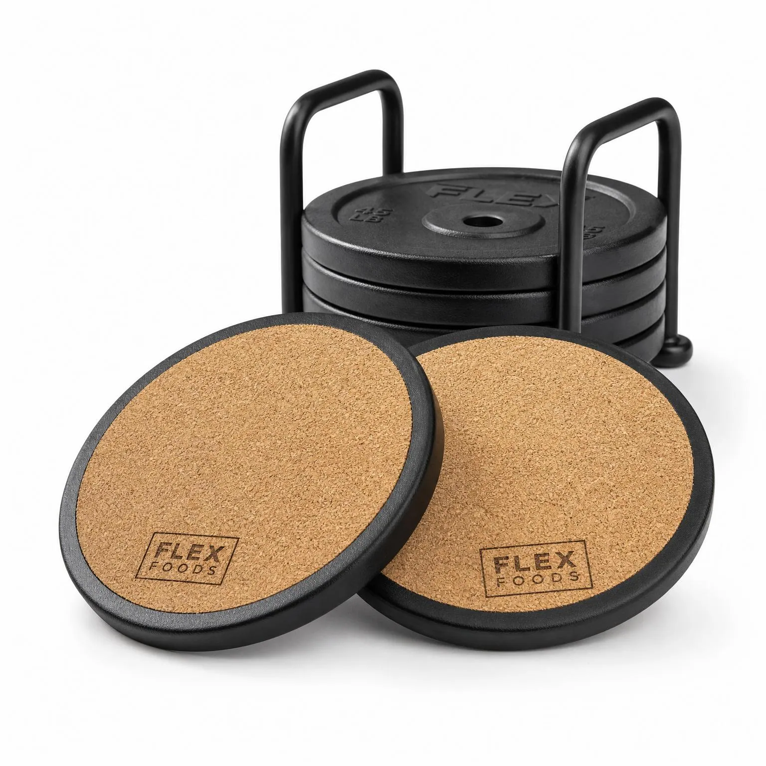 Sous-verre en forme de disque noir mat avec base en liège gravée au laser Flex Foods