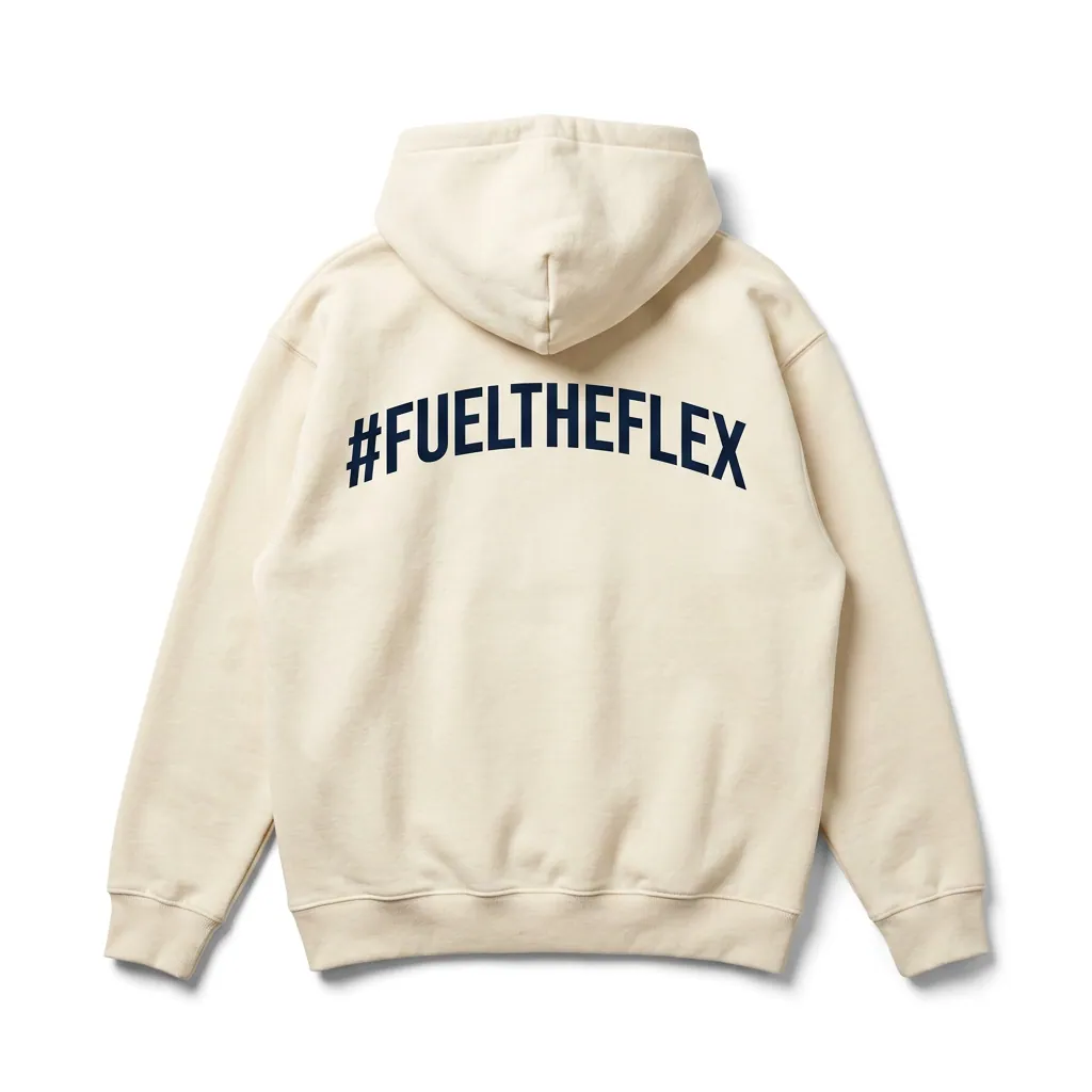 Fuel The Flex hoodie vue arrière avec imprimé #FUELTHEFLEX