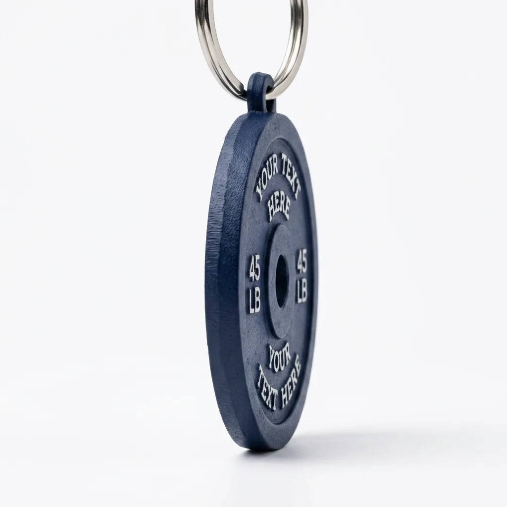 Porte-clés disque de poids bleu marin, endos avec gravure personnalisée « VOTRE TEXTE ICI »