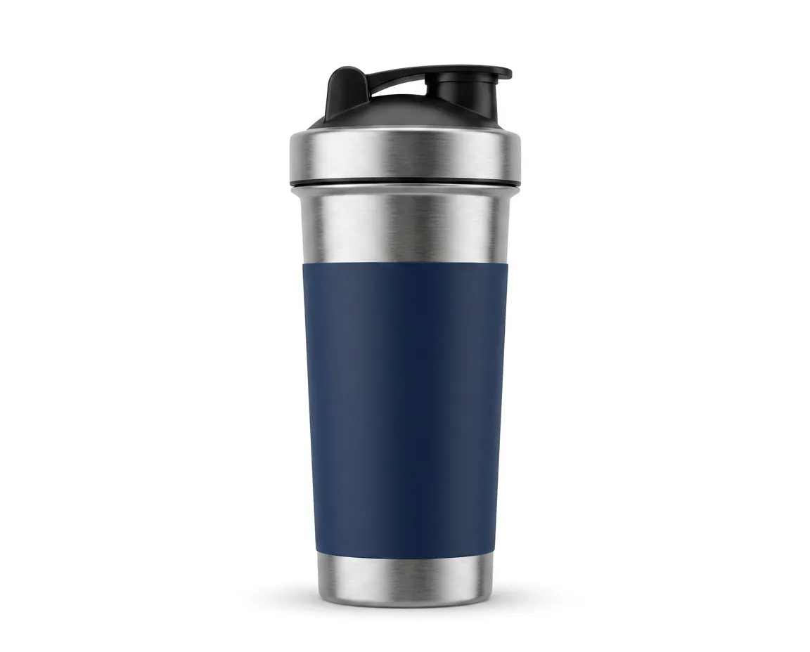 Vue latérale du shaker à protéines en acier inoxydable