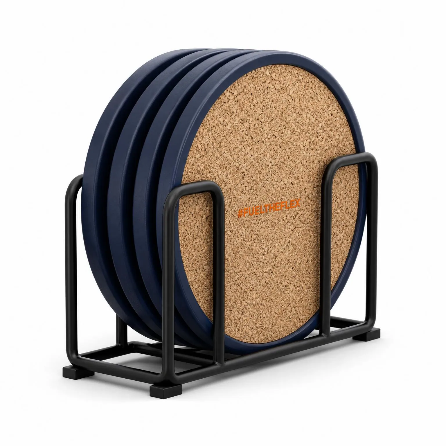 Vue arrière du support à sous-verres disques montrant la face en liège naturel avec le mot-clic orange #FUELTHEFLEX